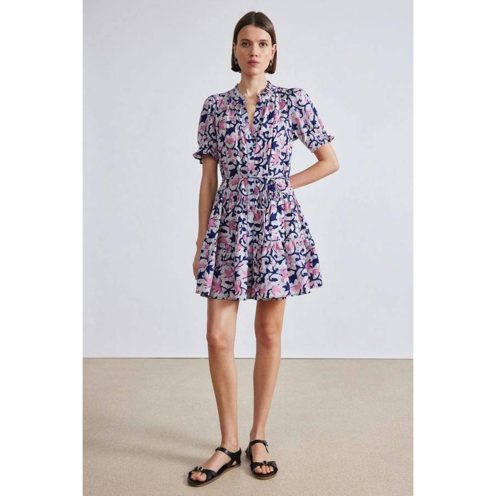 Apiece Apart M Cotton Batik Floral Tiered Mini Dress Pink Navy Button Front Boho